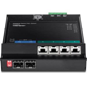 TRENDnet TI-PG62F 6-Port Gigabit Ethernet Front Access Switch, 4 Gigabit PoE+ and 2 Gigabit SFP ports, 12 Gbps switching capacity, DIN-rail/Magnet